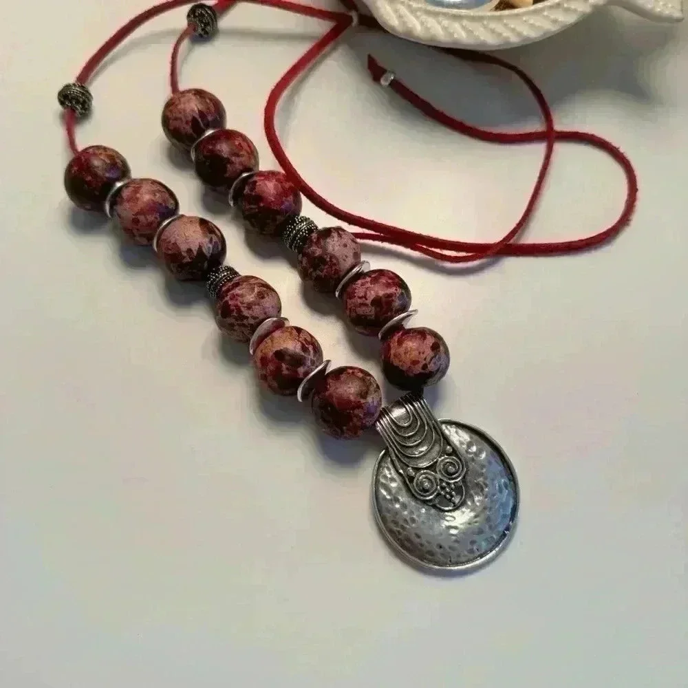 CERAMIC beaded greek statement necklace w/ silver disk pendant - Picture 4 of 7